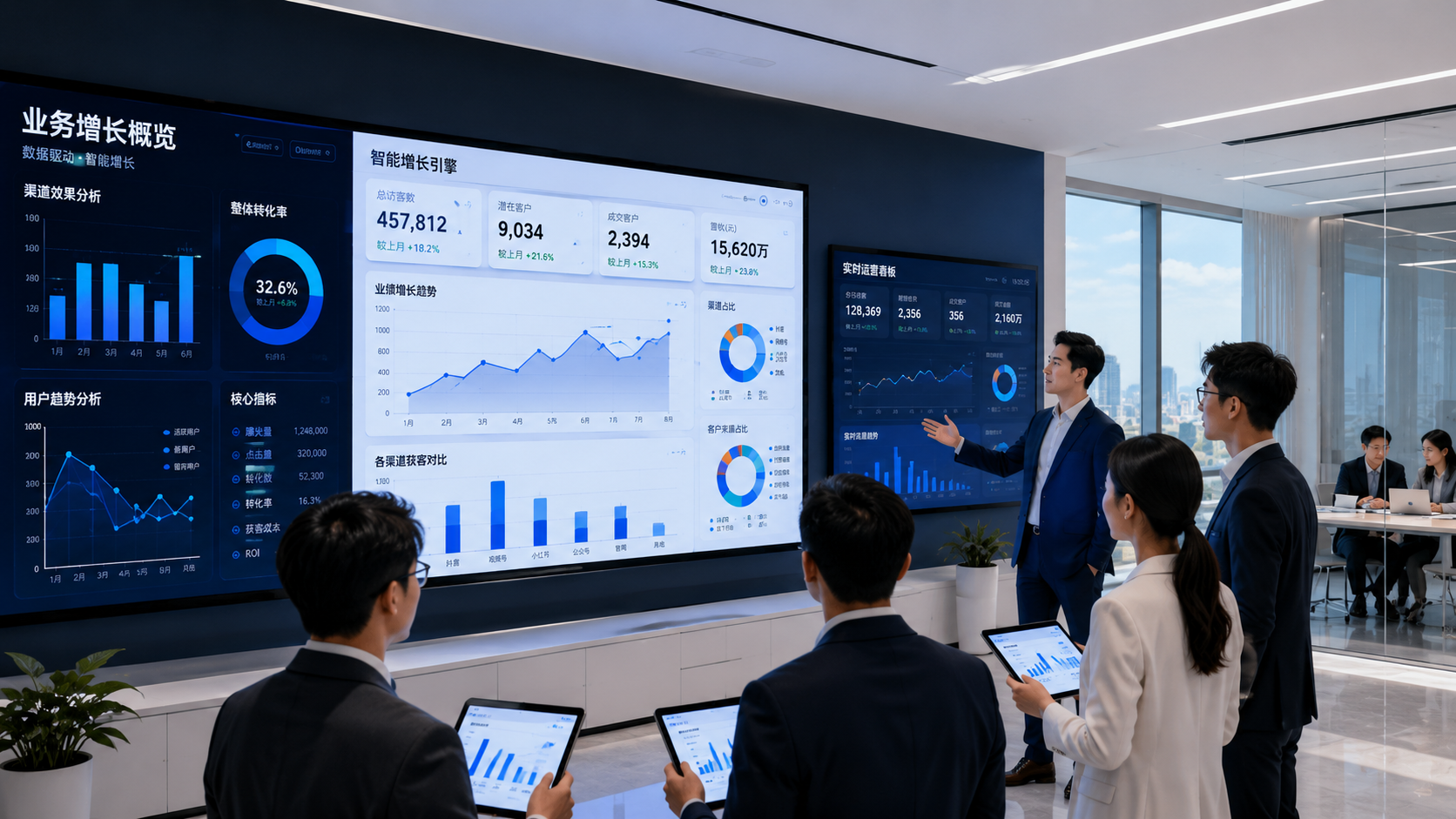 Team reviewing live growth dashboards — engine learns from every signal